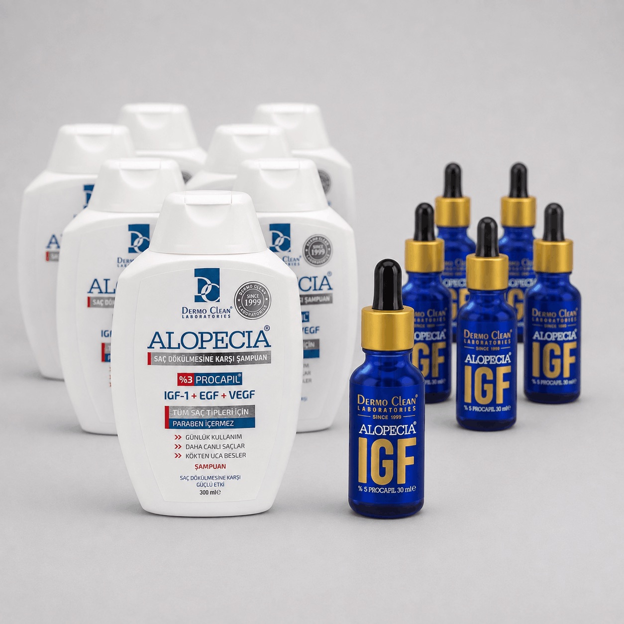 Șase flacoane de șampon Alopecia și șase flacoane de ser IGF
